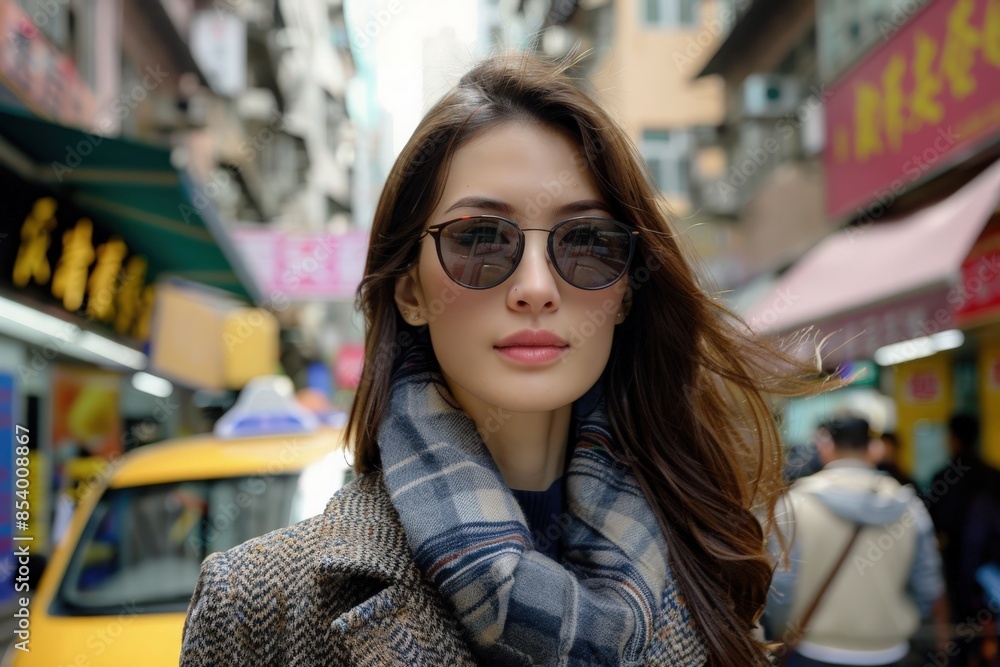 A stylish woman walks confidently through a busy Hong Kong street, wearing sunglasses and a plaid scarf. A stylish woman walks confidently through a busy Hong Kong street, wearing sunglasses and a plaid scarf.