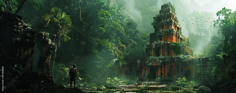 Obraz premium Adventurers explore the abandoned ruins of an ancient temple hidden in dense jungle.