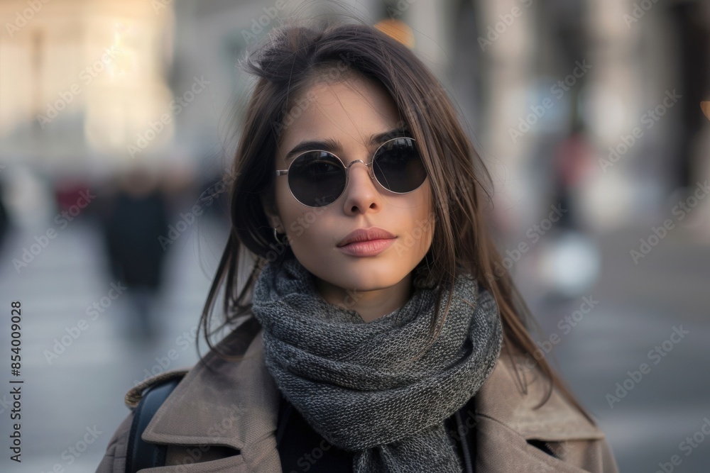 A beautiful woman wearing sunglasses and a scarf walks through a city street. A beautiful woman wearing sunglasses and a scarf walks through a city street.