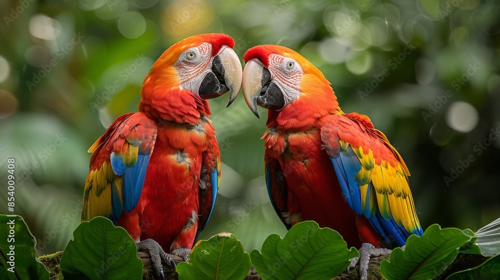 This image shows two captivating Scarlet Macaws perching together among lush green foliage This image shows two captivating Scarlet Macaws perching together among lush green foliage