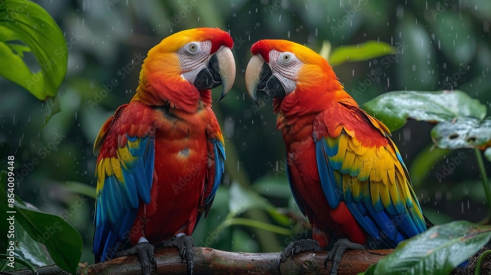 A vibrant image capturing two Scarlet Macaws with raindrops around them, showcasing their colorful plumage A vibrant image capturing two Scarlet Macaws with raindrops around them, showcasing their colorful plumage