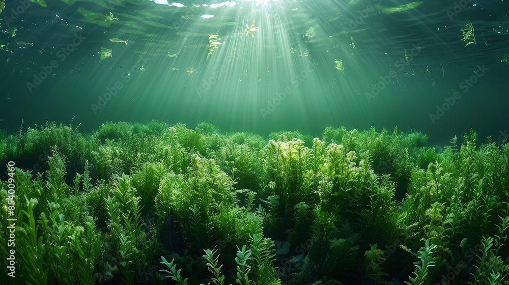 Obraz premium An enchanting underwater scene of a aquatic forest bathed in sun rays filtering through above