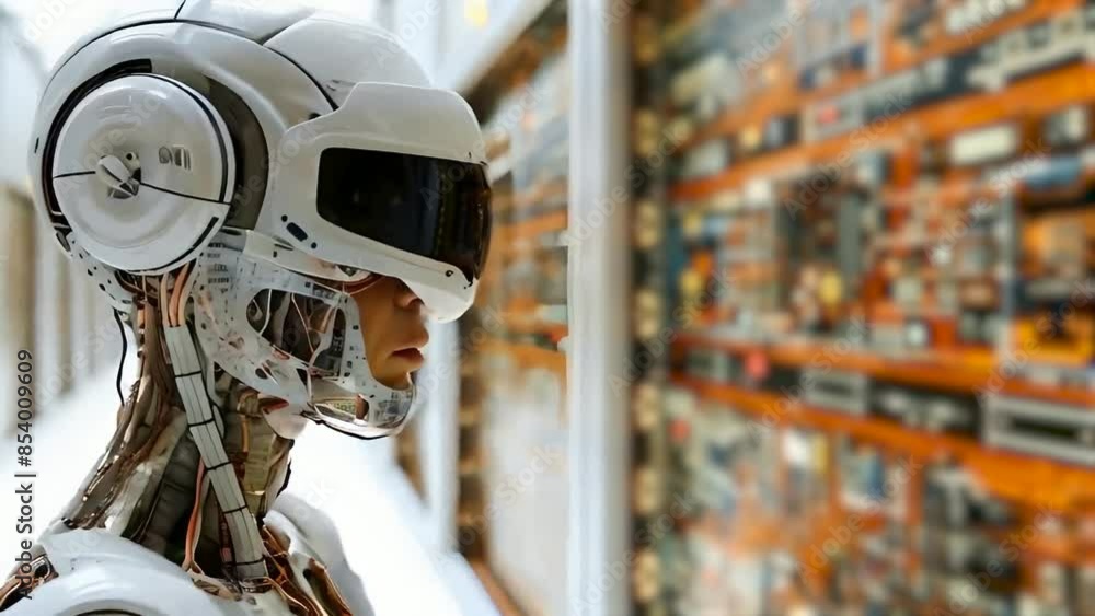Advanced humanoid robot stands among server racks in a high-tech data ...