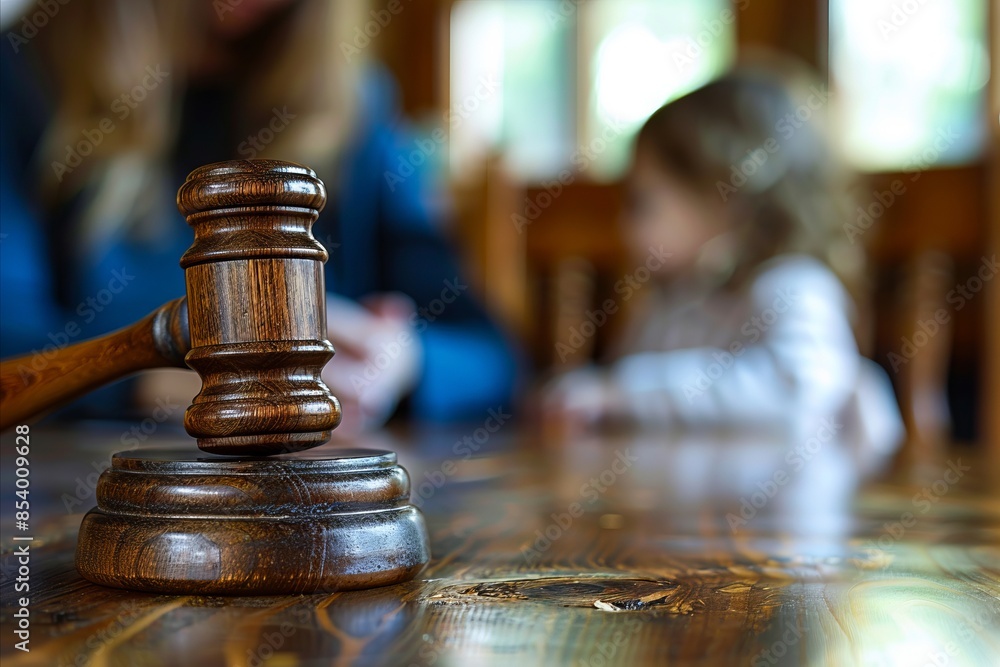 A wooden gavel on a table with a child in the background.