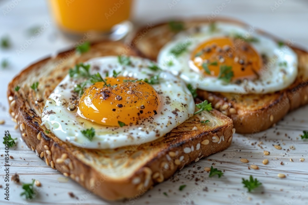 Close-up of toast with fried eggs, sesame seeds, and parsley Close-up of toast with fried eggs, sesame seeds, and parsley