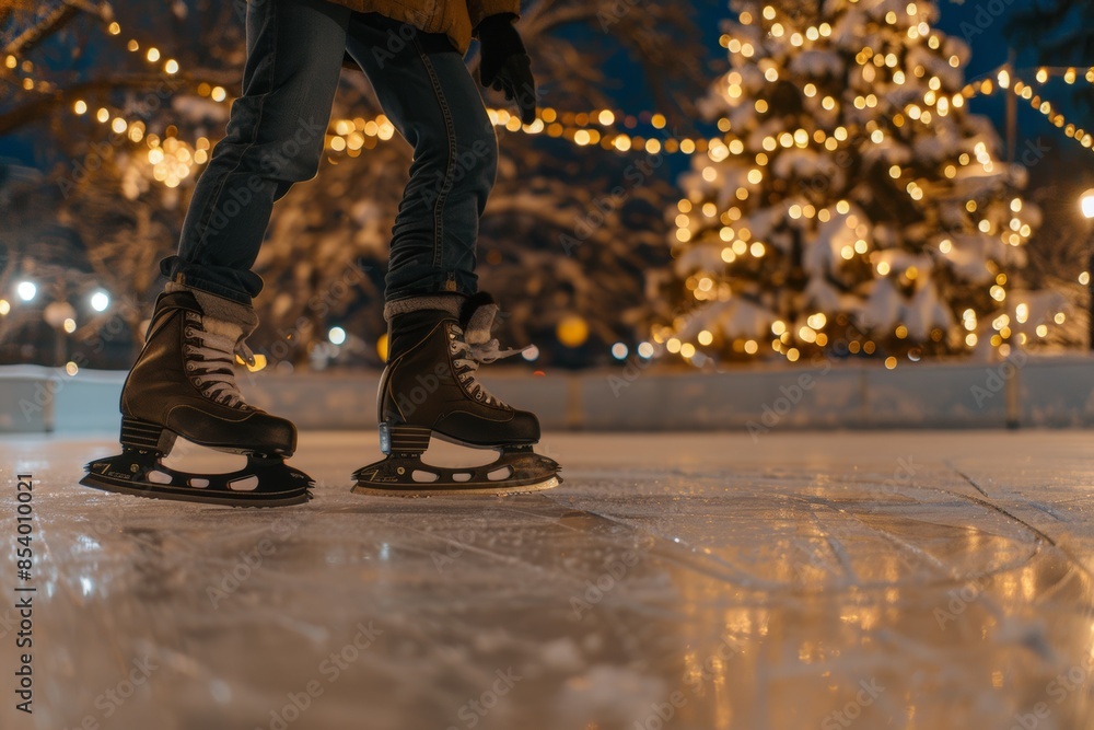 Naklejka premium Winter evening ice skating in city lights