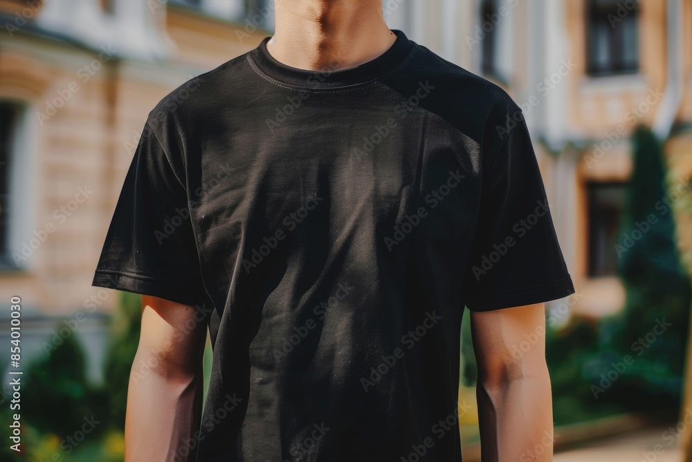 Fototapeta premium Urban young adult in plain black t-shirt on a city street