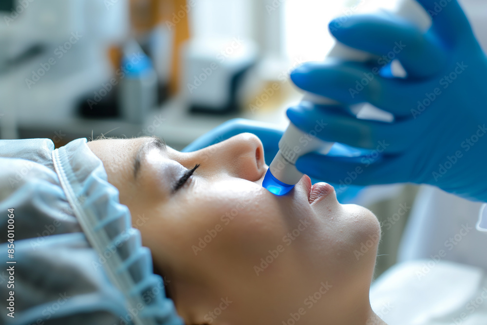 Medical esthetician is performing a skin tightening treatment on a female patient.