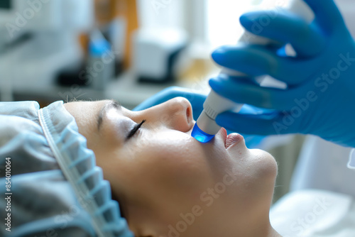 Obraz na płótnie Medical esthetician is performing a skin tightening treatment on a female patient. w salonie