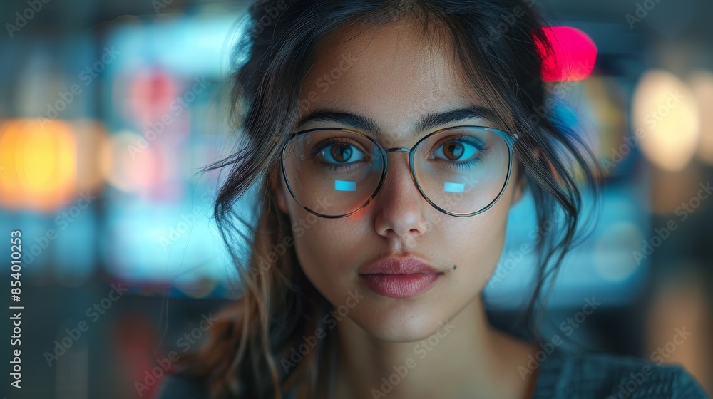 Intense young woman with sharp features and glasses looks keenly, suggesting deep thought or concern Intense young woman with sharp features and glasses looks keenly, suggesting deep thought or concern