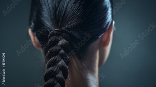 A woman with long black hair in a braid, perfect for hair salon, hair advertisement photo