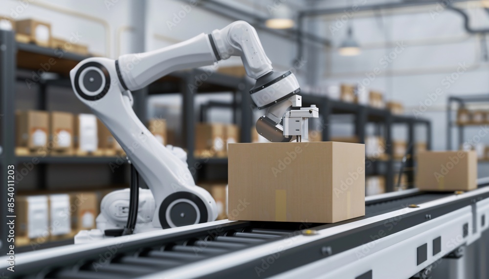 Naklejka premium Robot Arm in 3D Rendering for Filling Product Packaging in Manufacturing Process Robot arm in the manufacturing process in industry