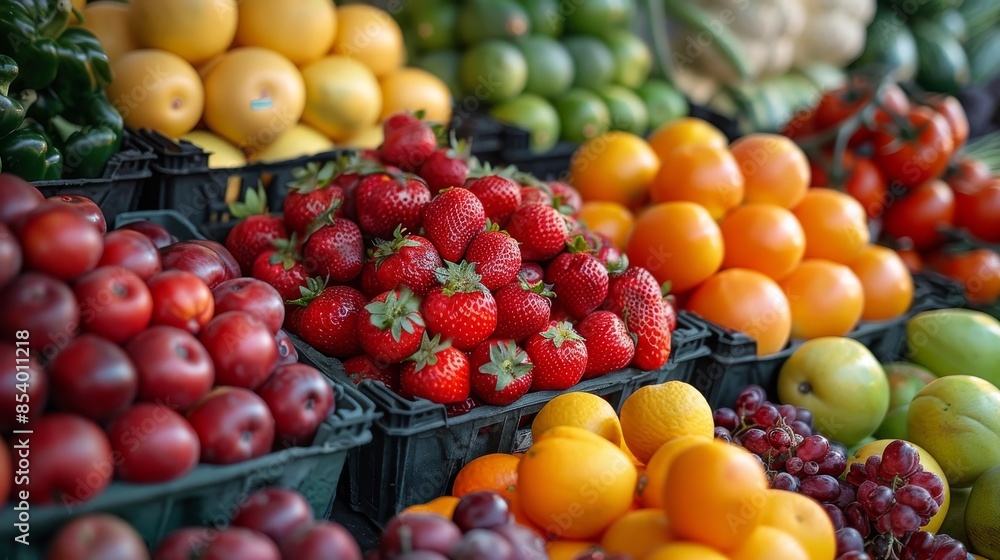 A vibrant display of fresh strawberries and varied fruits at a local market stall A vibrant display of fresh strawberries and varied fruits at a local market stall