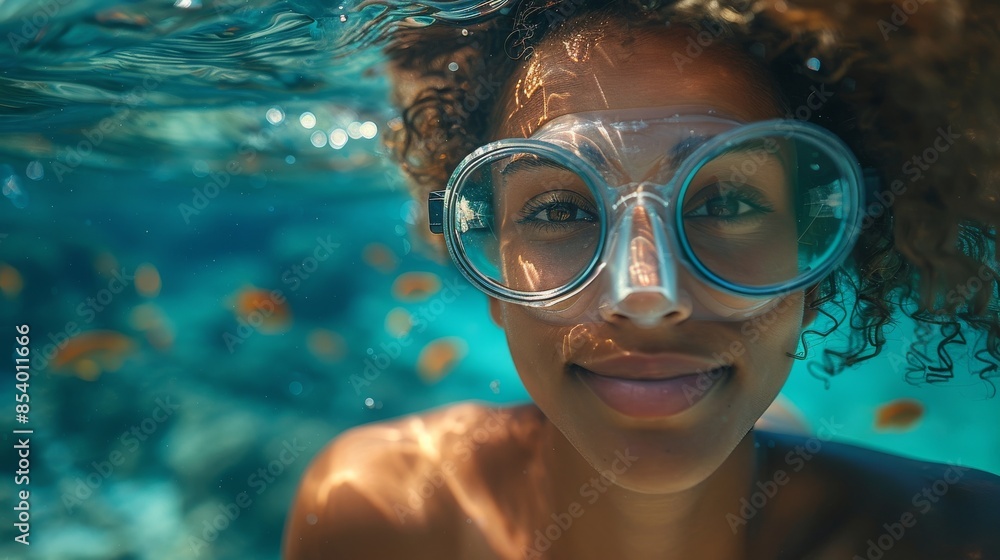 Naklejka premium Engaging underwater view of a cheerful young woman with goggles, swimming in a coral reef rich in marine life