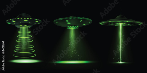 UFO set: alien ships with green beams. Isolated black background.