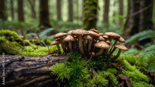 cluster of small mushrooms with brown caps growing from an old tree trunk covered with green moss in the forest