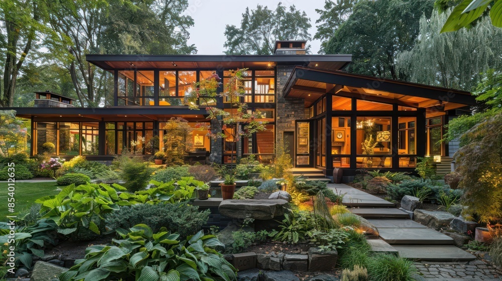 Fototapeta premium Passive solar design house, large windows, sunlit interiors