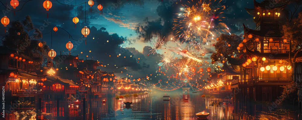 A vibrant Diwali celebration, with fireworks illuminating the night sky and colorful lanterns adorning the streets.