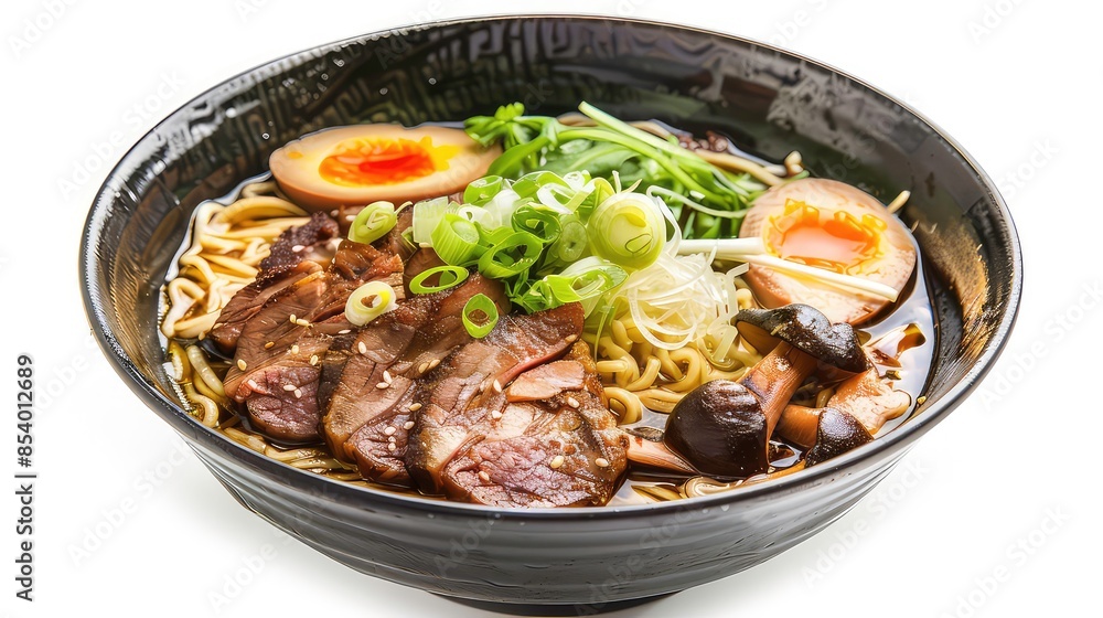 Ramen asian noodle in broth with Beef tongue meat, mushroom and Ajitama pickled egg in bowl on white background Ramen asian noodle in broth with Beef tongue meat, mushroom and Ajitama pickled egg in bowl on white background
