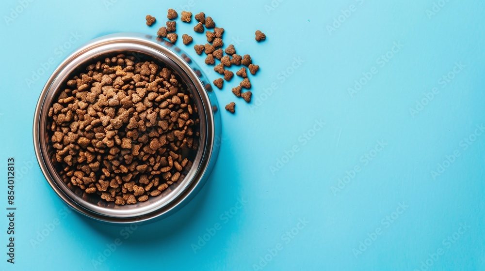 Bowl with dry food for cat or dog and pet accessories on blue background. Pet care and training concept. Bowl with dry food for cat or dog and pet accessories on blue background. Pet care and training concept.