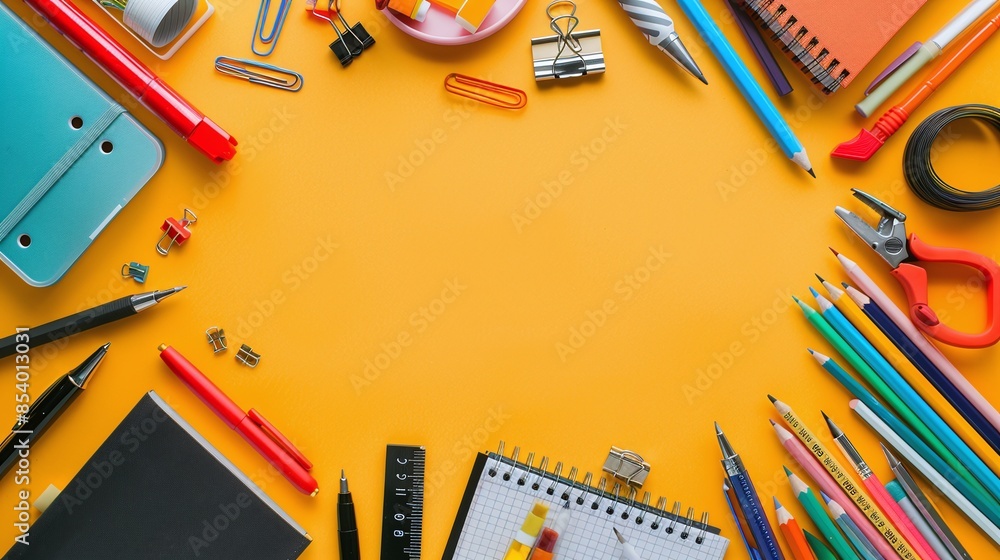 Frame of office supplies on yellow background. Flat lay, top view, copy space. Frame of office supplies on yellow background. Flat lay, top view, copy space.