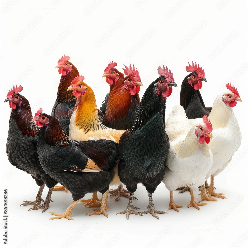 Color hens, different hens and roosters set isolated, chickens on white background