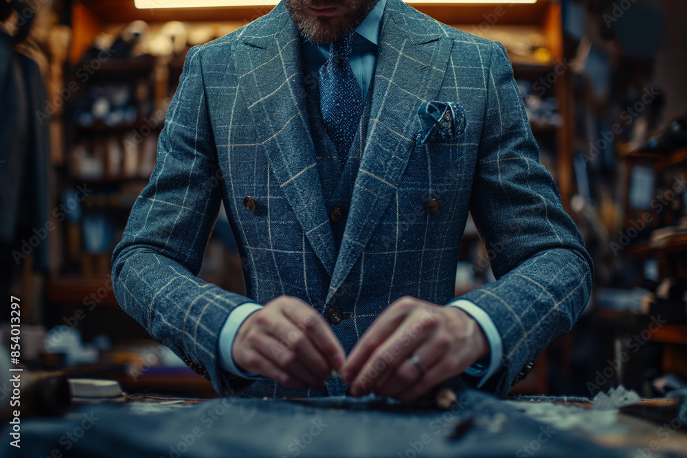 A tailor is working on an elegant business or wedding suit. A custom-made men's suit in a stylish luxury designer tailoring studio. Fashion concept. place for text. A tailor is working on an elegant business or wedding suit. A custom-made men's suit in a stylish luxury designer tailoring studio. Fashion concept. place for text.