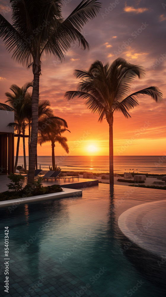 Obraz premium Sunset on the sea. Beach, pool, palms and sunset. Romantic concept.