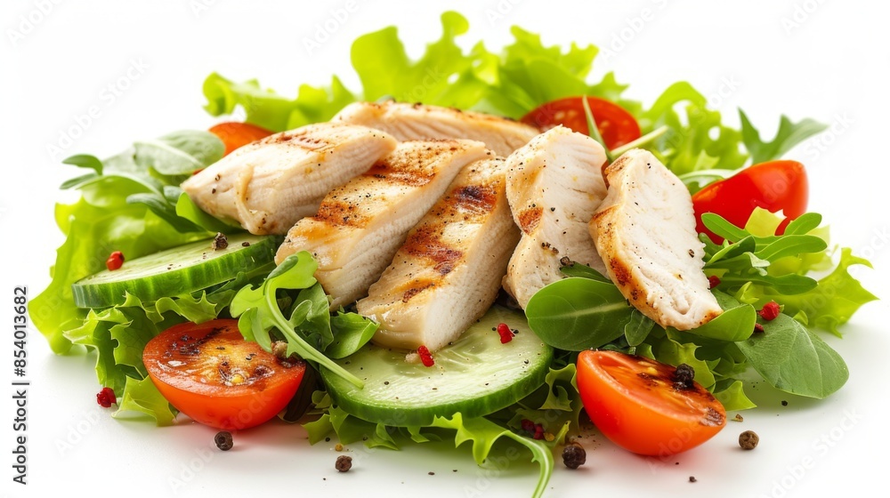 A delicious vegetable salad with grilled chicken breast, including tomatoes, cucumbers, and mixed lettuce leaves A delicious vegetable salad with grilled chicken breast, including tomatoes, cucumbers, and mixed lettuce leaves