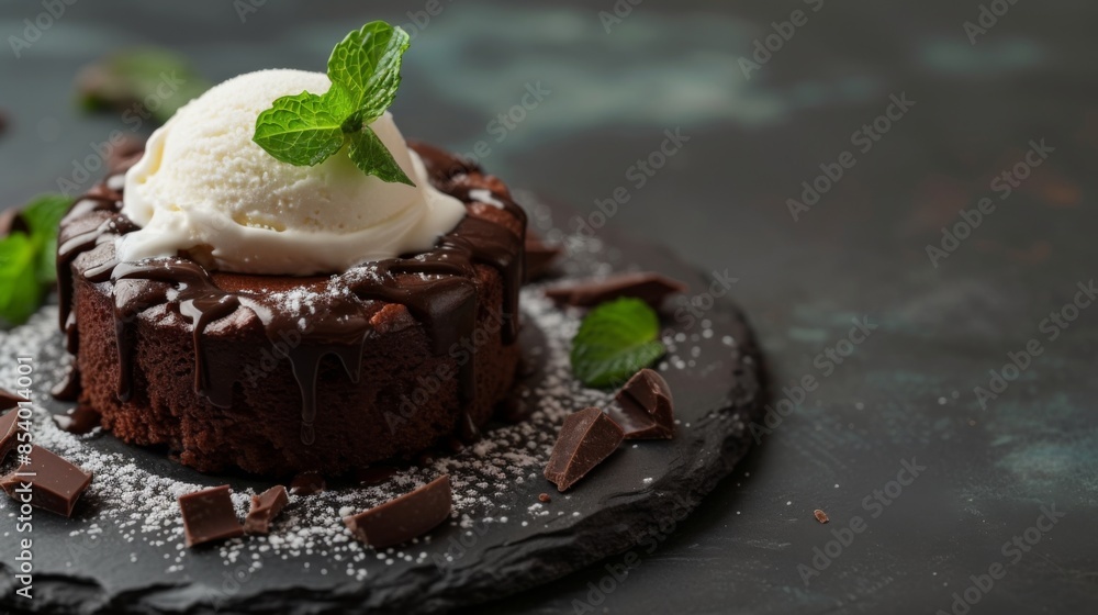 Decadent mini chocolate cake topped with ice cream and mint leaves, presented on a dark background Decadent mini chocolate cake topped with ice cream and mint leaves, presented on a dark background
