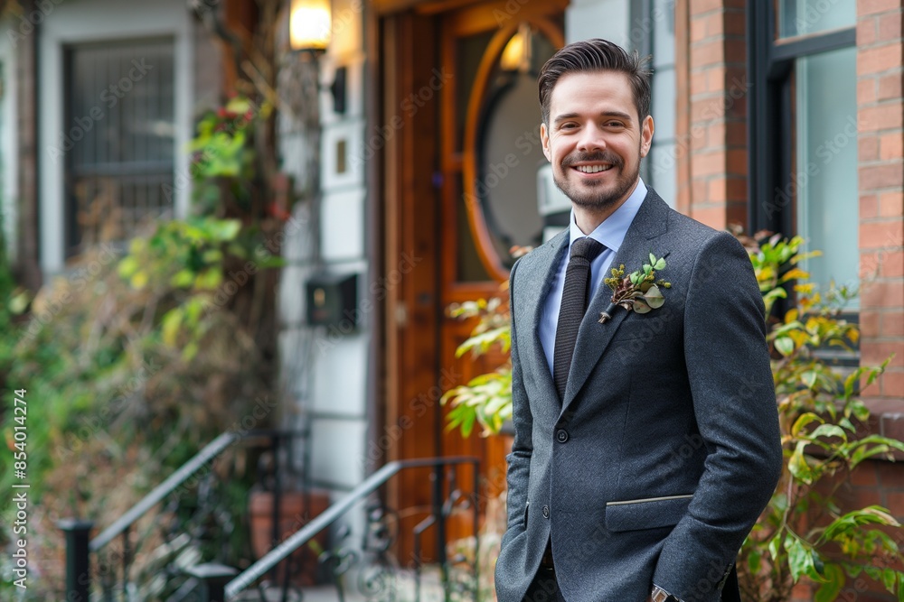 a real estate agent standing with smile outside the house, Smiling Real Estate Agent Standing Proudly Outside a Beautiful Home for Sale, Discover Your Dream Home with a Professional Real Estate Agent 