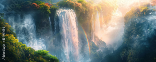 A majestic waterfall plunging into a misty gorge, sending up clouds of spray and creating rainbows in the sunlight.