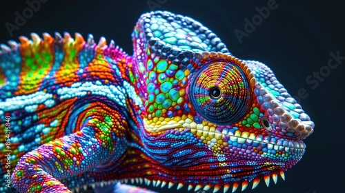 Close-up of a colorful chameleon, showcasing its vibrant hues and intricate patterns. Tropical wildlife animal demonstrating its color-changing abilities. © Lcs