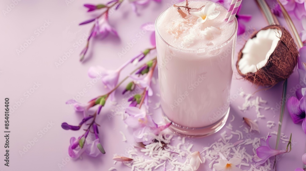 Refreshing coconut smoothie with purple flowers and flakes on lilac background Refreshing coconut smoothie with purple flowers and flakes on lilac background