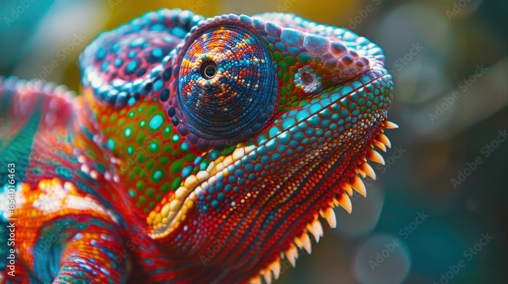 Obraz premium Close-up of a tropical chameleon, its skin awash with vibrant colors. A perfect example of nature's artistry in color change.
