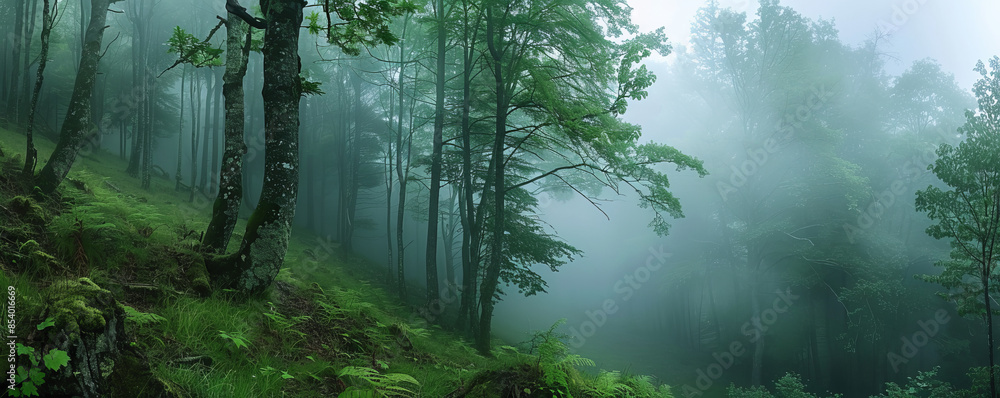 Obraz premium A mystical forest in the fog.