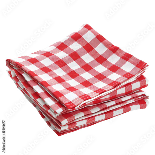 Red checkered cotton kitchen napkins neatly folded and isolated on a transparent background