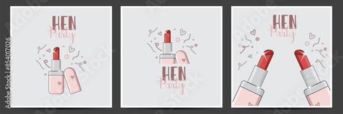 Hen party Invitation with lipstick Illustration and Decorative Elements. Set of cards hen party. Hen party. Bachelorette party. Set of cards. Bridal shower. Bride to be. Team bride - stock vector
