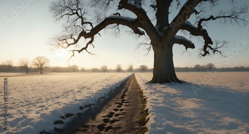 Landscape with old oak tree and path trail in snow covered field.
