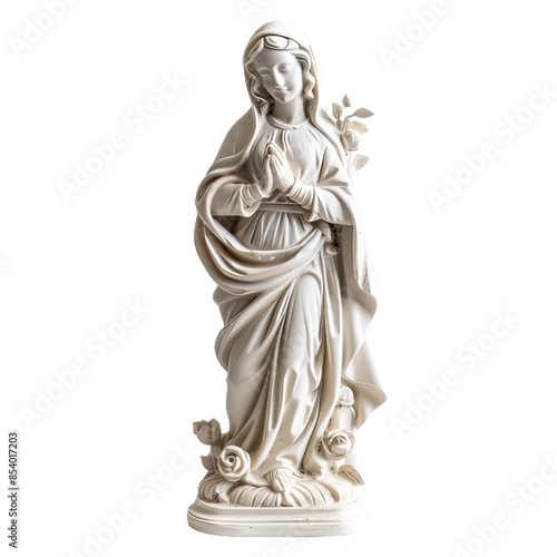 White Marble Virgin Mary Statue isolated on white or transparent background. © David Zarzosa