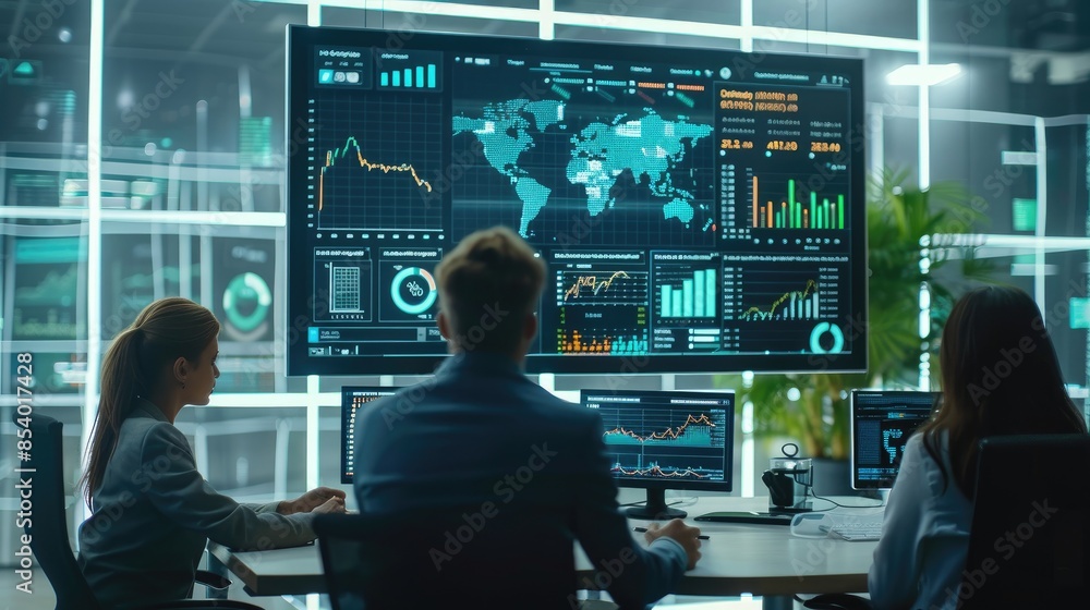 A team of three professionals analyze data on a large screen in a modern office setting. A team of three professionals analyze data on a large screen in a modern office setting.