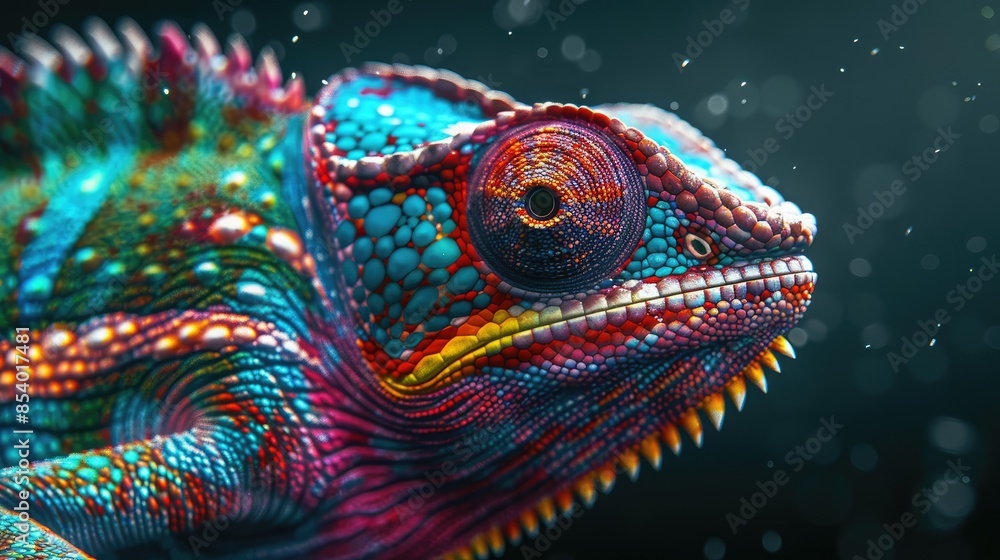 Obraz premium Detailed shot of a chameleon in brilliant colors, capturing the beauty of this tropical animal as it changes shades.