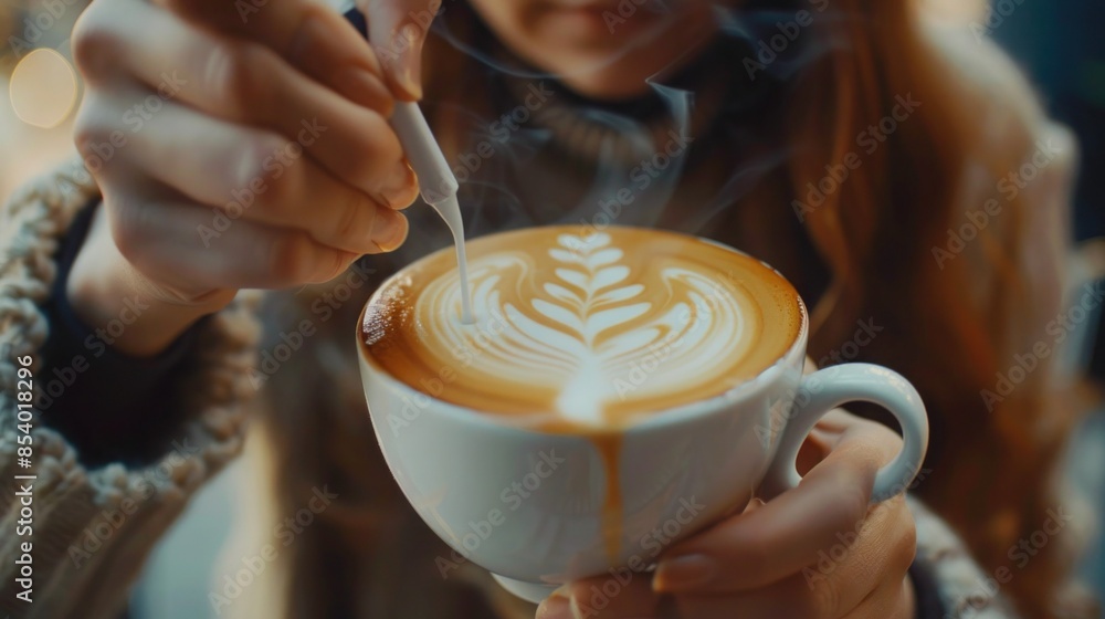 Close up of male hands doing latte art. concept Close up of male hands doing latte art. concept