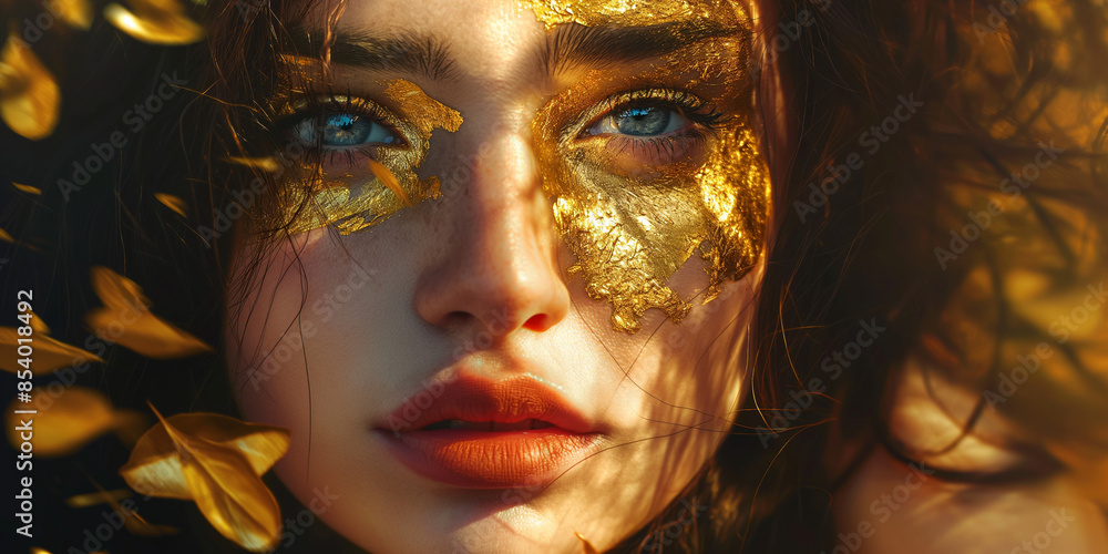Hübsche Frau Model Gesicht mit tollem Make-Up und Blattgold Verzierungen. Nahaufnahme Portrait Hübsche Frau Model Gesicht mit tollem Make-Up und Blattgold Verzierungen. Nahaufnahme Portrait