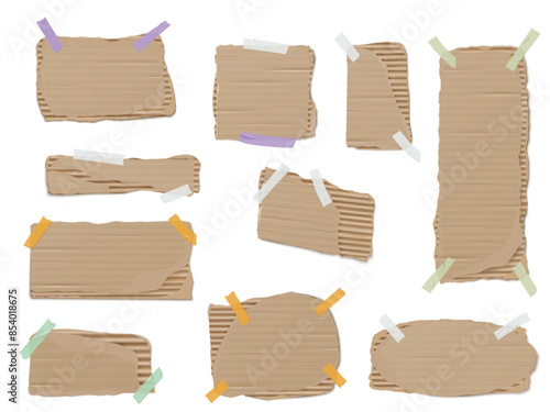 Realistic piece of torn cardboard with sticky tape vector set, ripped corrugated brown paper fragment, notice collage