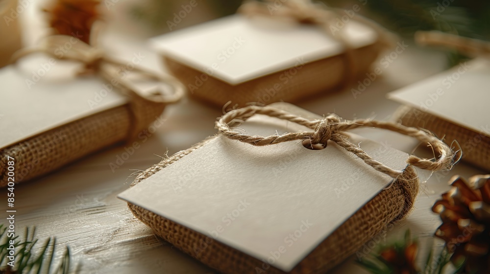 Fototapeta premium Festive holiday gifts wrapped in burlap and adorned with twine on a table, creating a warm, rustic Christmas vibe.