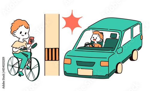 スマホ運転の自転車と、自動車の衝突事故のイラスト