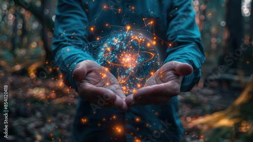Person holding a glowing sphere of lights in hands in a forest, representing magical energy or futuristic technology.