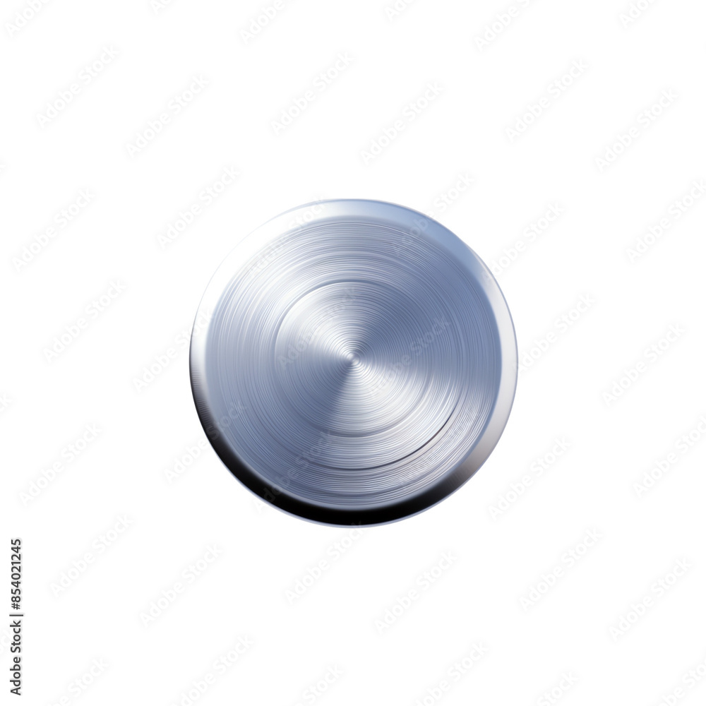 A circular, metallic button with a shiny, brushed finish. The button has a slightly raised edge. isolated on transparent and white background. A circular, metallic button with a shiny, brushed finish. The button has a slightly raised edge. isolated on transparent and white background.
