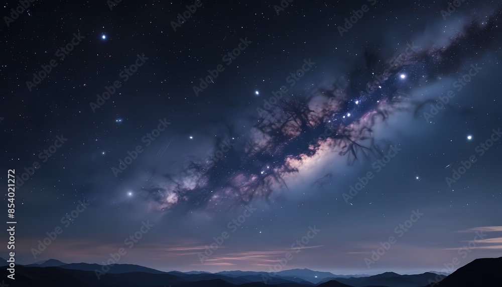 Naklejka premium Background image, wispy nebula clouds and distant stars against a faint cosmic background, creating a serene, otherworldly atmosphere. Generative AI, Generative, AI
